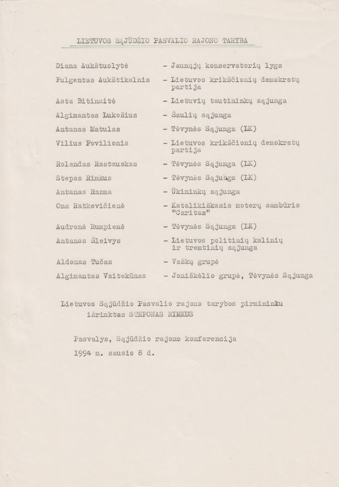Lietuvos Sajūdžio Pasvalio rajono Taryba, išrinkta Sąjūdžio rajono konferencijoje 1994 m. sausio 8 d.